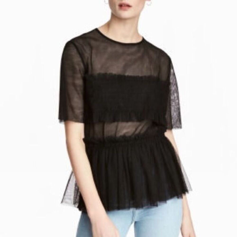 Zara black tulle top size medium m with ruffle hem